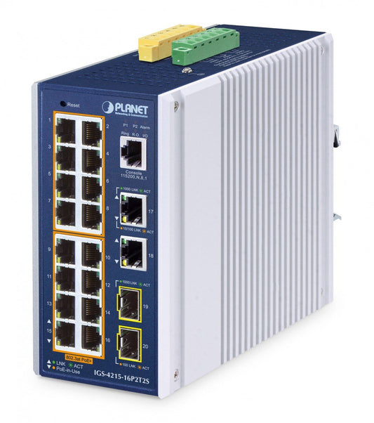 Planet IGS-4215-16P2T2S IP30 Industrial L2/L4 16-Port 10/100/1000T 802.3at PoE + 2-Port 10/100/1000T + 2-Port 100/1000X SFP Managed Switch (320 watts PoE budget