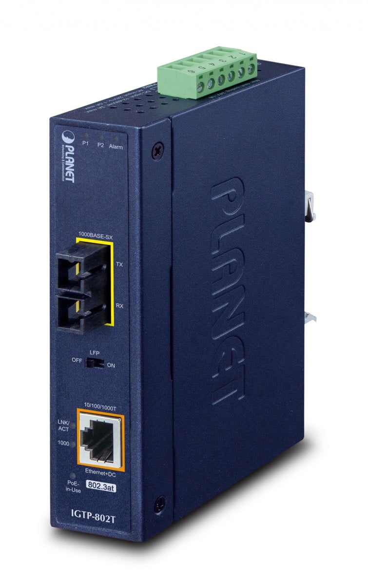 Planet IGTP-802T IP30 Industrial 10/100/1000BASE-T to 1000BASE-SX Converter with 802.3at PoE+ (Multi-mode, 220m/550m, -40 to 75C, 12V~48V DC power boost, LFP Su