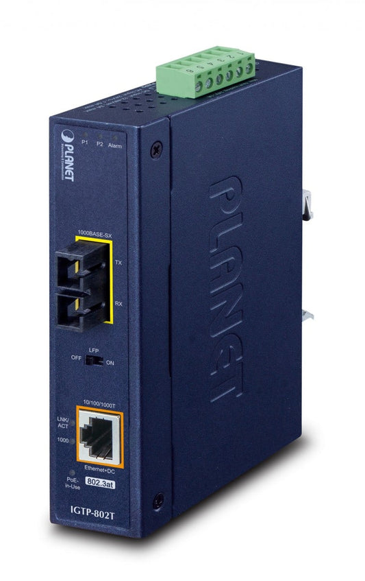 Planet IGTP-802T IP30 Industrial 10/100/1000BASE-T to 1000BASE-SX Converter with 802.3at PoE+ (Multi-mode, 220m/550m, -40 to 75C, 12V~48V DC power boost, LFP Su