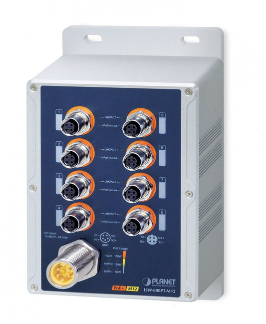 Planet ISW-808PT-M12 IP67-rated Industrial 8-Port 10/100TX M12 802.3at PoE+ Switch (-40~75 degrees C, dual 12~56V power boost, EN50155 Railway certified)