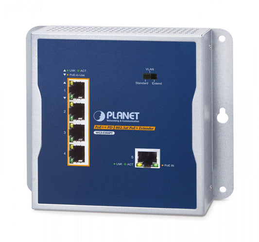 Planet WGS-E304PT IP30 Industrial 1-Port 95W 802.3bt PoE++ to 4-Port 802.3at PoE+ Wall-mounted Extender (-40 to 75 C, Standard/VLAN/Extend mode, fanless desing,
