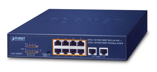 Planet GSD-1008HP 8-Port 10/100/1000T 802.3at PoE + 2-Port 10/100/1000T Desktop Switch (120W PoE Budget, Standard/VLAN/Extend mode, supports PD alive check, 10-