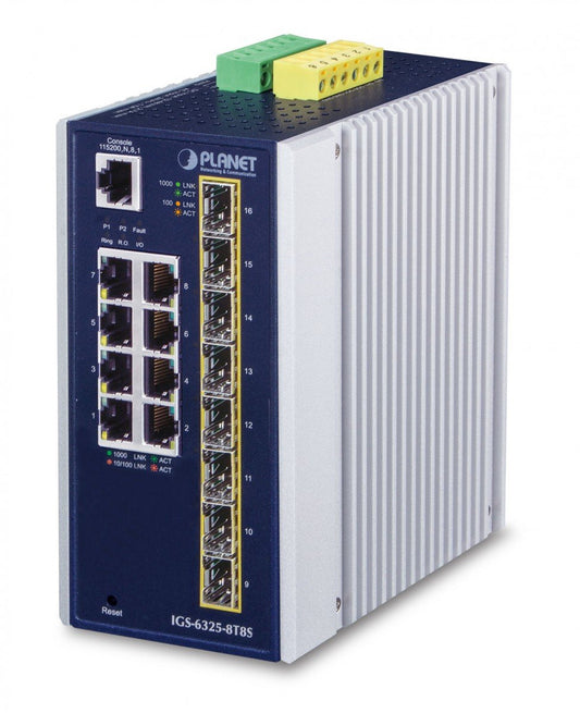 Planet IGS-6325-8T8S IP30 Industrial L3 8-Port 10/100/1000T + 8-port 1G/2.5G SFP Full Managed Switch (-40 to 75 C, dual redundant power input on 12~48VDC termin