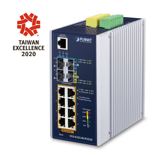 Planet IGS-6325-8UP2S2X IP30 DIN-rail Industrial L3 8-Port 10/100/1000T 802.3bt PoE + 2-port 1G/2.5G SFP + 2-Port 10G SFP+ Full Managed Switch (-40 to 75 C, 8-p