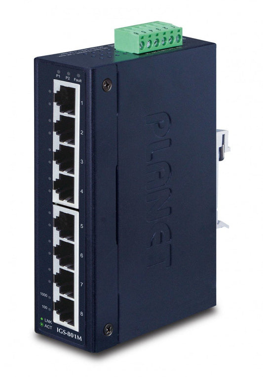 Planet IGS-801M IP30 Slim type 8-Port Industrial Manageable Gigabit Ethernet Switch (-40 to 75 degree C, dual redundant power input on 12-48VDC / 24VAC terminal