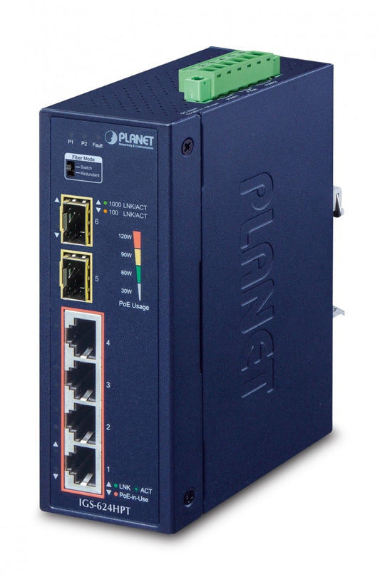 Planet IGS-624HPT IP40 Industrial 4-Port 10/100/1000T 802.3at PoE + 2-Port 100/1000X SFP Gigabit Ethernet Switch(-40 to 75 C, dual 12V~56V DC power boost, PoE U