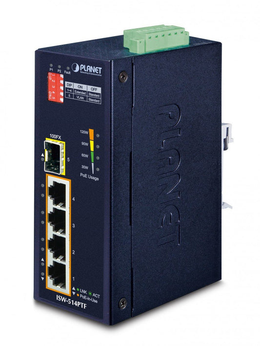 Planet ISW-514PTF IP40 4-Port 10/100TX 802.3at PoE + 1-Port 100FX SFP Industrial Fast Ethernet Switch (-40 to 75 C, 12V~48V DC power boost, 120W PoE budget, Sta
