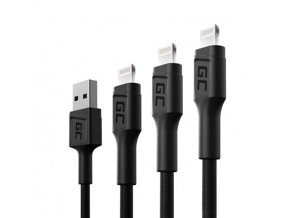 Set 3x Green Cell Cable GC Ray USB - Lightning 30cm, 120cm, 200cm for iPhone, iPad, iPod, white LED, quick charging