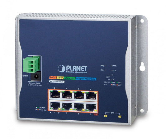 Planet WGS-5225-8P2S IP30, IPv6/IPv4, L2+ 8-Port 10/100/1000T 802.3at PoE + 2-Port 1G/2.5G SFP Wall-mount Managed Switch (-40~75 degrees C, dual power input on