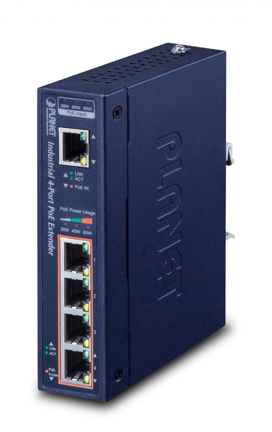 Planet IPOE-E174 IP30 Industrial 1-Port 95W 802.3bt PoE++ to 4-Port 802.3at PoE+ Gigabit PoE Extender (-40 to 75 C)