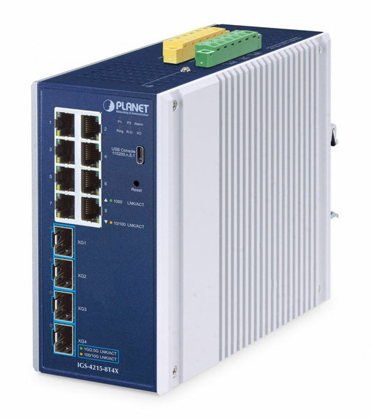 Planet IGS-4215-8T4X IP30 Industrial L2/L4 8-Port 10/100/1000T + 4-Port 10G SFP+ Managed Switch (-40~75 degrees C, dual redundant power input on 9~48VDC or 24VA