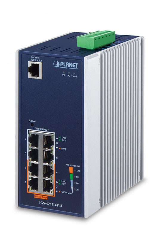 Planet IGS-4215-4P4T IP30 Industrial L2/L4 4-Port 10/100/1000T 802.3at PoE + 4-Port 10/100/1000T Managed Switch (-40~75 degrees C), dual redundant power input o