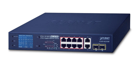 Planet FGSD-1022VHP 8-Port 10/100TX 802.3at PoE + 2-Port Gigabit TP/SFP combo Desktop Switch with smart color LCD (120W PoE Budget, Standard/VLAN/Extend mode, P