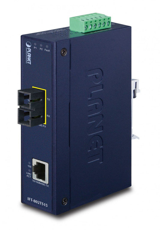 Planet IFT-802TS15 IP30 Slim type Industrial Fast Ethernet Media Converter SC SM-15KM (-40 to 75 degree C)