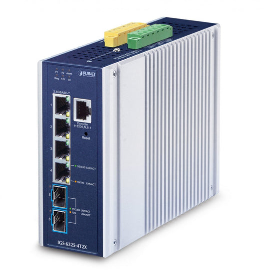 Planet IGS-6325-4T2X IP30 Industrial L3 4-Port 2.5GBASE-T + 2-Port 10GBASE-X SFP+  Managed Ethernet Switch (-40 to 75 C, dual redundant power input on 9~48VDC t