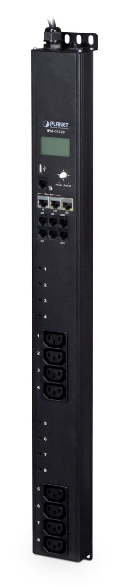 Vertical IP-based 8-port Switched Power Manager with 2 Cascaded Ports (AC 100-240V, 16A max. input, IEC60309 receptacle, 8 IEC C13 outlet 10A max. output, LCD D