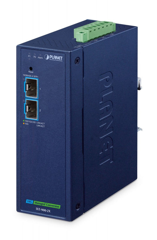Planet IXT-900-2X IP40 Industrial 2-Port 10G/1GBASE-X SFP+ Managed Media Converter(-40 to 75 C, dual redundant power input on 9~48V DC/24V AC terminal block, IP