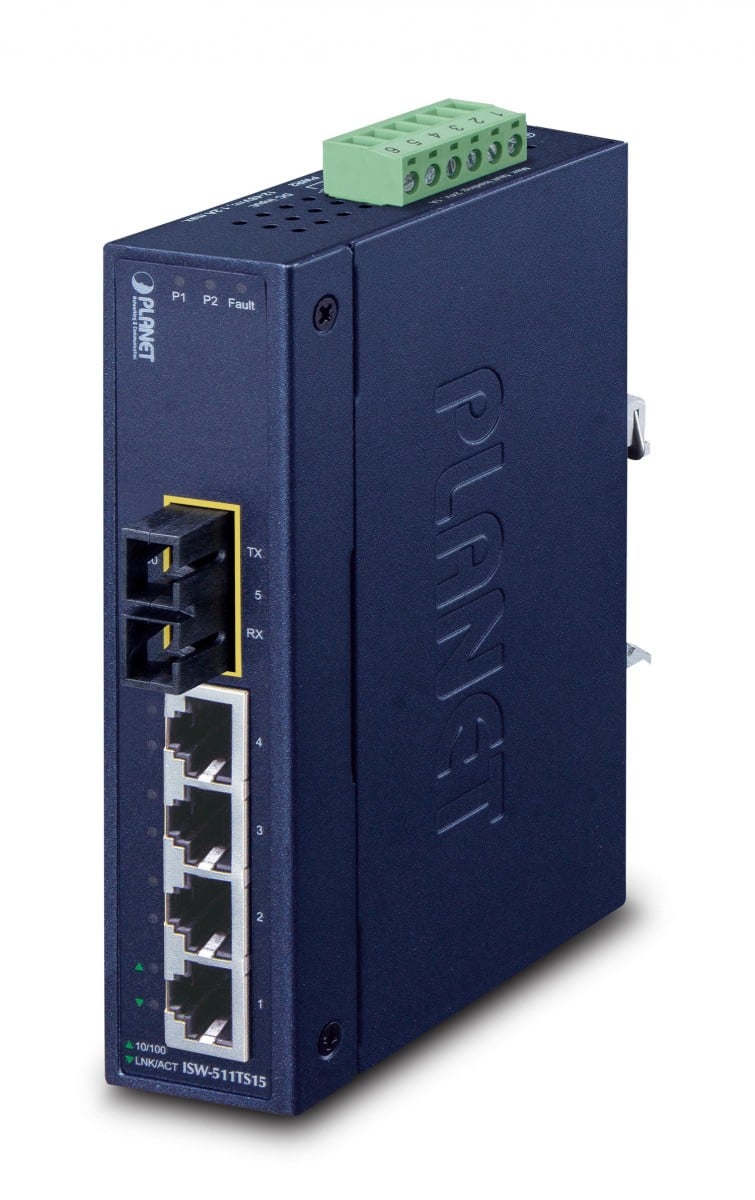 Planet ISW-511TS15 IP30 Slim Type 4-Port Industrial Ethernet Switch + 1-Port 100Base-FX(15KM) (-40 - 75 C)