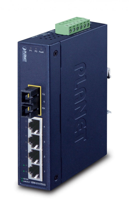 Planet ISW-511TS15 IP30 Slim Type 4-Port Industrial Ethernet Switch + 1-Port 100Base-FX(15KM) (-40 - 75 C)