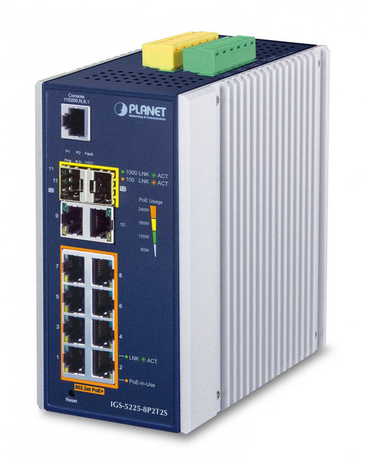 Planet IGS-5225-8P2T2S IP30 Industrial L2+/L4 8-Port 1000T 802.3at PoE+ 2-port 10/100/1000T + 2-Port 1G/2.5G SFP Full Managed Switch (-40 to 75 C, dual redundan