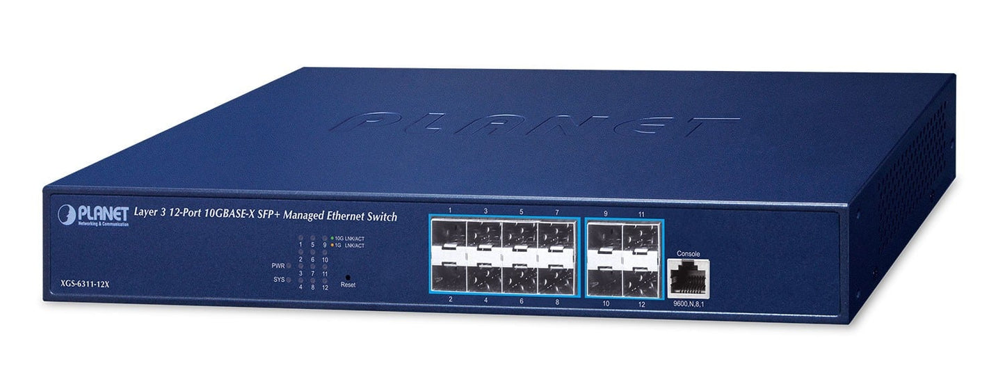 Planet XGS-6311-12X Layer 3 12-Port 10GBASE-X SFP+ Managed Ethernet Switch (Hardware-based Layer 3 RIPv1/v2, OSPFv2 dynamic routing, supports ERPS Ring, support