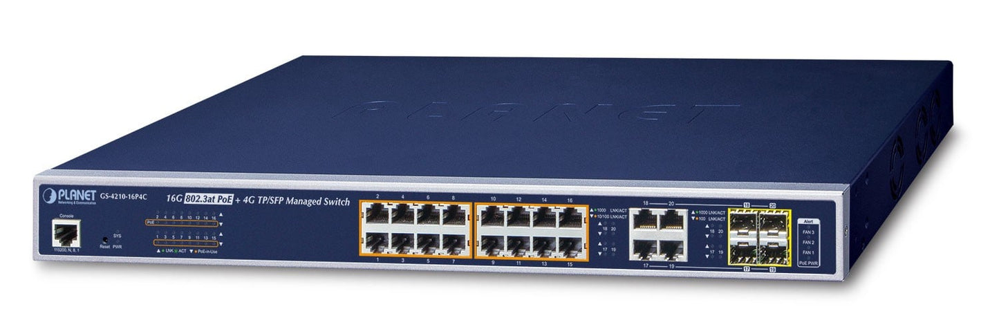 Planet GS-4210-16P4C IPv6/IPv4, 16-Port Managed 802.3at PoE+ Gigabit Ethernet Switch + 4-Port Gigabit Combo TP/SFP (240W PoE Budget, 250m Extend mode, supports