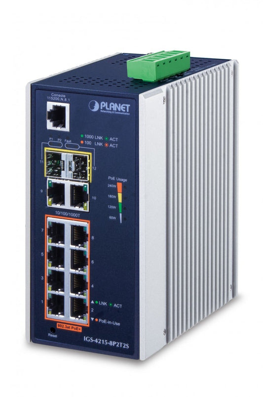 Planet IGS-4215-8P2T2S IP30 Industrial L2/L4 8-Port 10/100/1000T 802.3at PoE + 2-Port 10/100/1000T + 2-Port 100/1000X SFP Managed Switch (-40~75 degrees C), dua