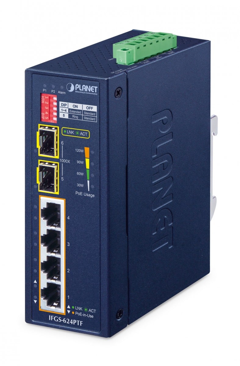 Planet IP40 Industrial 4-Port 10/100BASE-TX 802.3at PoE + 2-Port 1000BASE-X SFP Ring Ethernet Switch