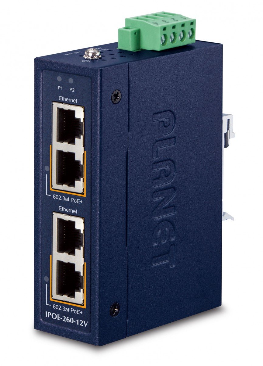 Planet IPOE-260-12V Industrial 2-port 10/100/1000T 802.3at PoE+ Injector w/ 12V Booster (-40~75 degrees C, 12~56VDC)