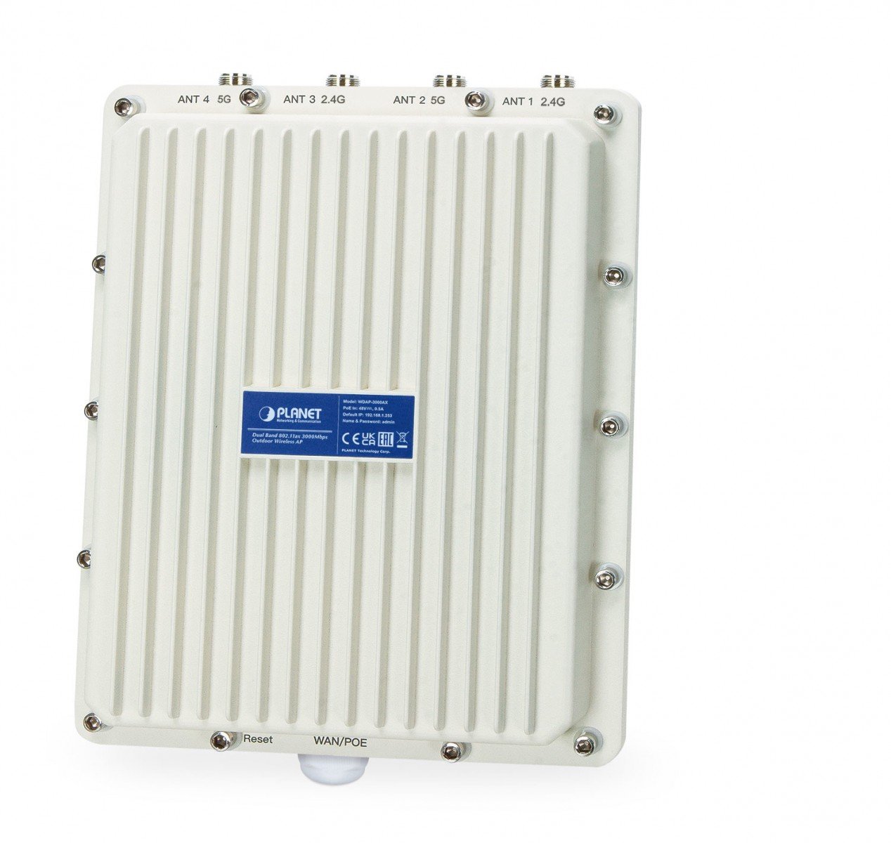 Planet WDAP-3000AX IP67 Wi-Fi 6 802.11ax, Dual Band 3000Mbps Outdoor Wireless AP (802.3at PoE+ PD, 4 x N-Type connector, 20KV surge protection, -40 to 70C, 802.