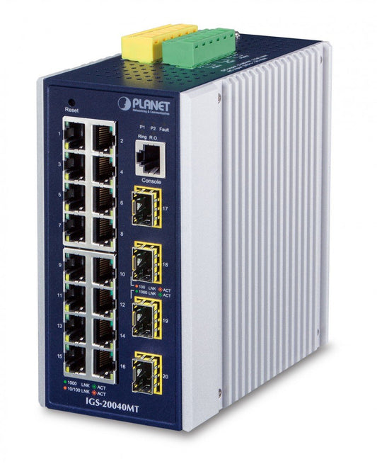 Planet IGS-20040MT IP30 Industrial 16* 10/100/1000TP + 4* 100/1000X SFP Full Managed Ethernet Switch (-40 to 75 C, dual redundant power input on 9~48VDC termina