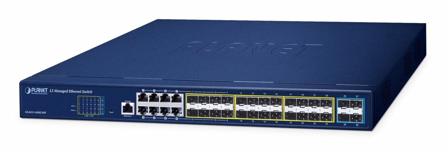 Planet GS-6311-16S8C4XR Layer 3 16-Port 100/1000X SFP + 8-Port Gigabit TP/SFP combo + 4-Port 10G SFP+ Managed Ethernet Switch with 36-72V DC Redundant Power (ha