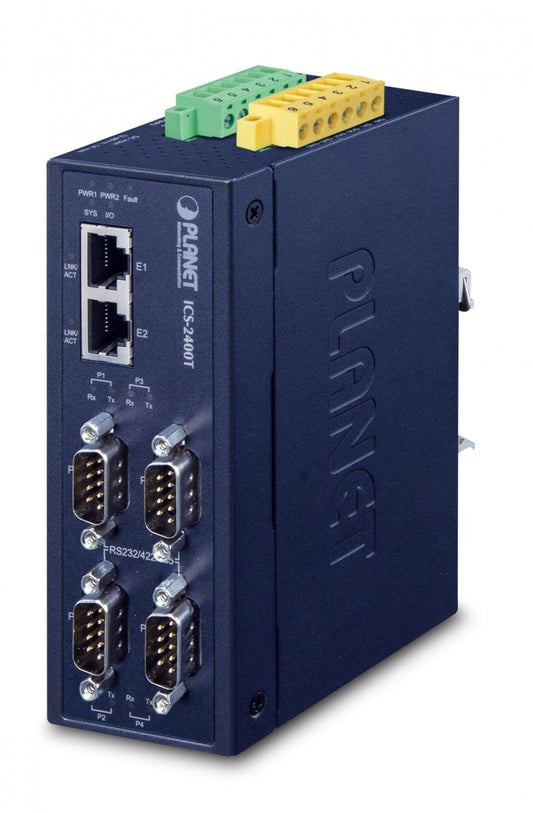 Planet ICS-2400T IP40 Industrial 4-Port RS232/RS422/RS485 Serial Device Server (2 x 10/100TX, -40~75 degrees C, 15KV isolation, dual 12~48V DC, 2xDI + 2xDO)