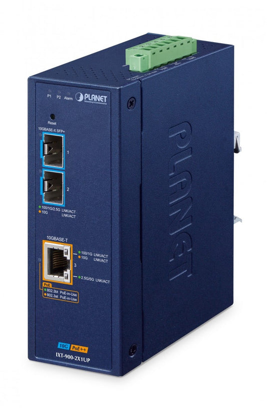 IP40 Industrial 2-Port 10G/1GBASE-X SFP+ + 1-Port 10G/5G/2.5G/1G/100BASE-T 802.3bt PoE++ Managed Media Converter(95W PoE budget, 802.3bt/Legacy/Force modes, PoE