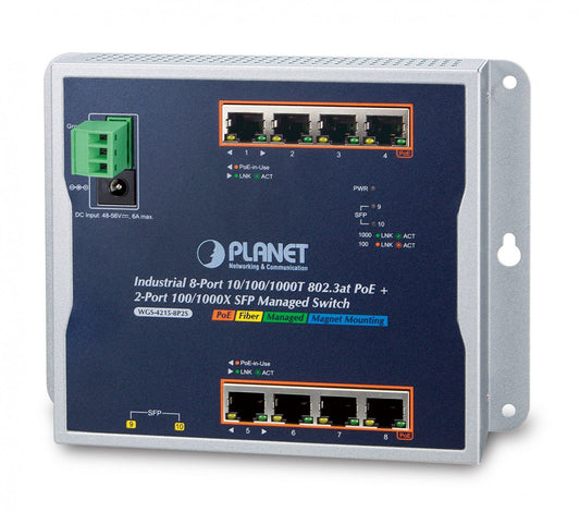 Planet WGS-4215-8P2S IP30, IPv6/IPv4, 8-Port 1000T 802.3at PoE + 2-Port 100/1000X SFP Wall-mount Managed Ethernet Switch (-40 to 75 C, PoE PD alive check and sc
