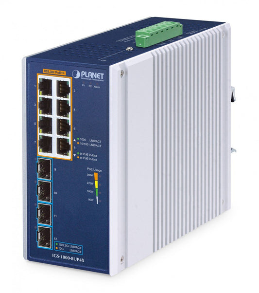Planet IGS-1000-8UP4X IP30 Industrial 8-Port 10/100/1000T 802.3bt PoE + 4-Port 10G SFP+ Ethernet Switch (360W PoE budget, PoE Usage LED, -40~75 degrees C, dual