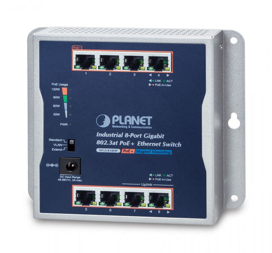 Planet WGS-818HP IP30 Industrial 8-Port 10/100/1000T 802.3at PoE+ Wall-mount Gigabit Switch  (120W PoE Budget, Standard/VLAN/Extend mode, fanless, -20 to 60 C),