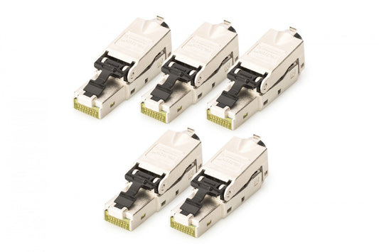 Modular RJ45 plug cat.6A, PoE+, 10GbE, shielded, locking, tool-less, 45mm, AWG 27-22, 5 pcs