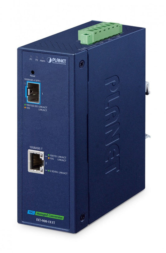 Planet IXT-900-1X1T IP40 Industrial 1-Port 10G/1GBASE-X SFP+ + 1-Port 10G/5G/2.5G/1G/100BASE-T Managed Media Converter(-40 to 75 C, dual redundant power input o