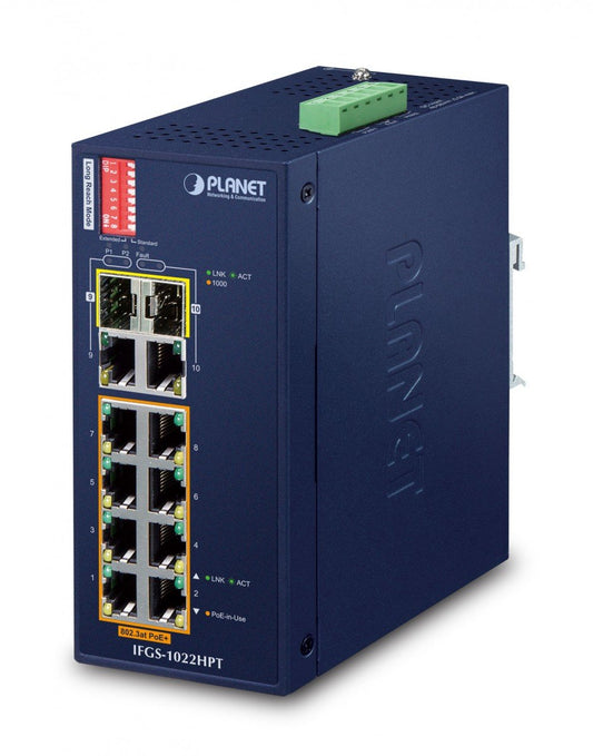 Planet IFGS-1022HPT IP30 Industrial 8-Port 10/100TX 802.3at PoE + 2-Port Gigabit TP/SFP combo Ethernet Switch (-40 to 75 C, 250m Extend mode, dual redundant pow