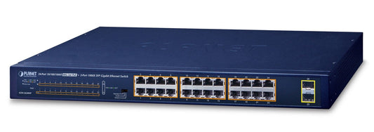 Planet GSW-2620HP 24-Port 10/100/1000T 802.3at PoE + 2-Port 1000X SFP Unmanaged Gigabit Ethernet Switch  (250W PoE Budget, Standard/VLAN/Extend mode, supports P