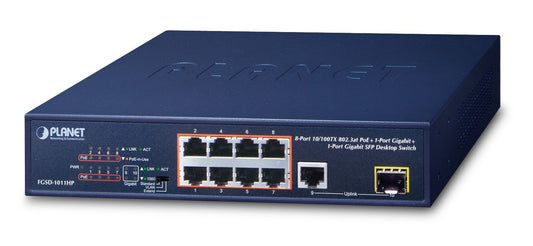 Planet FGSD-1011HP 8-Port 10/100TX 802.3at PoE + 1-Port 10/100/1000T + 1-Port 100/1000X SFP Desktop Switch (120W PoE Budget, Standard/VLAN/Extend mode, 10-inch