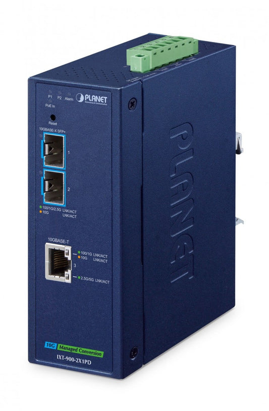 Planet IXT-900-2X1PD IP40 Industrial 2-Port 10G/1GBASE-X SFP+ + 1-Port 10G/5G/2.5G/1G/100BASE-T PoE PD Managed Media Converter(-40 to 75 C, dual redundant power