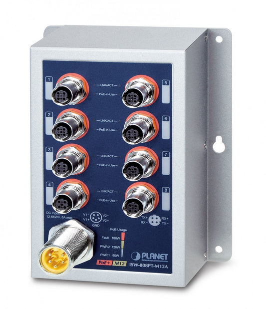 Planet ISW-808PT-M12A IP50-rated Industrial 8-Port 10/100TX M12 802.3at PoE+ Switch (-40~75 degrees C, dual 12~56V power boost, EN50155 Railway certified)