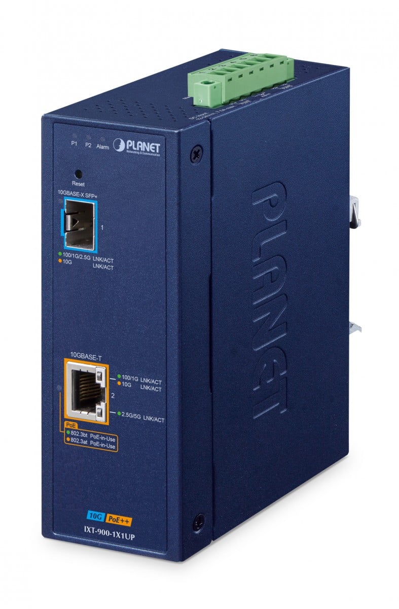 IP40 Industrial 1-Port 10G/1GBASE-X SFP+ + 1-Port 10G/5G/2.5G/1G/100BASE-T 802.3bt PoE++ Managed Media Converter(95W PoE budget, 802.3bt/Legacy/Force modes, PoE