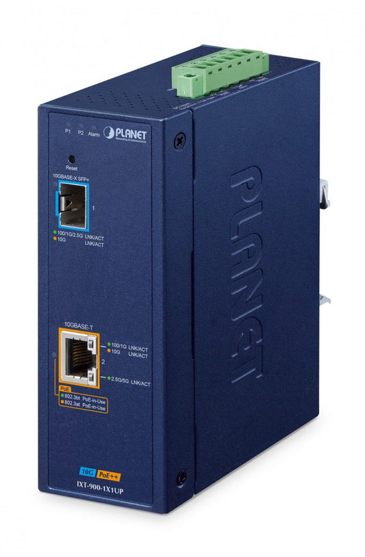 IP40 Industrial 1-Port 10G/1GBASE-X SFP+ + 1-Port 10G/5G/2.5G/1G/100BASE-T 802.3bt PoE++ Managed Media Converter(95W PoE budget, 802.3bt/Legacy/Force modes, PoE