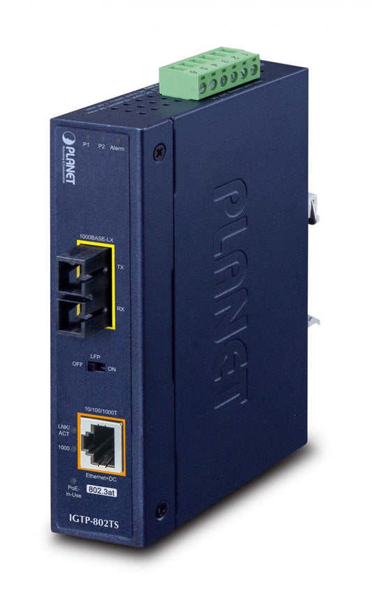 Planet IGTP-802TS IP30 Industrial 10/100/1000BASE-T to 1000BASE-LX Converter with 802.3at PoE+ (Single mode, 20km, -40 to 75C, 12V~48V DC power boost, LFP Suppo