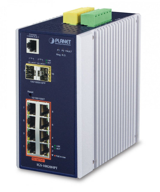 Planet IGS-10020HPT IP30 Industrial L2+/L4 8-Port 1000T 802.3at PoE + 2-Port 1G/2.5G SFP Full Managed Switch (-40 to 75 C, 12V~48V DC power boost, DIDO, ERPS Ri