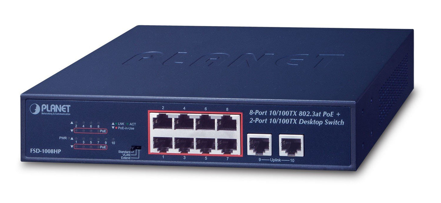 Planet FSD-1008HP 8-Port 10/100TX 802.3at PoE + 2-Port 10/100TX Desktop Switch (120W PoE Budget, Standard/VLAN/Extend mode, fanless, 10-inch and rack-mountable)