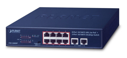 Planet FSD-1008HP 8-Port 10/100TX 802.3at PoE + 2-Port 10/100TX Desktop Switch (120W PoE Budget, Standard/VLAN/Extend mode, fanless, 10-inch and rack-mountable)